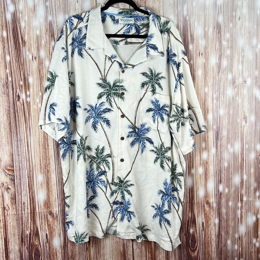 Men’s Caribbean Silk Blend Tropical Print Short Sleeved Button Up Shirt 3XT